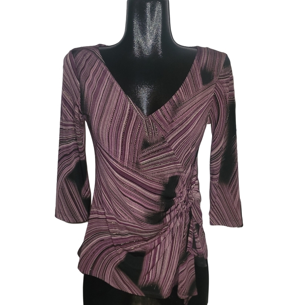 Reitmans Black and Burgundy Bandage Striped Faux Wrap Top M